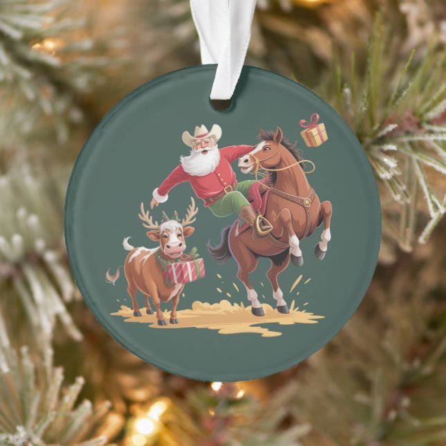 Western Cowboy Santa Xmas Rodeo Horse & Reindeer  Ornament (Tree)