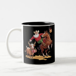 Western Cowboy Santa Xmas Rodeo Horse & Reindeer Two-Tone Coffee Mug