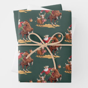 Western Cowboy Santa Xmas Rodeo Horse & Reindeer  Wrapping Paper Sheet