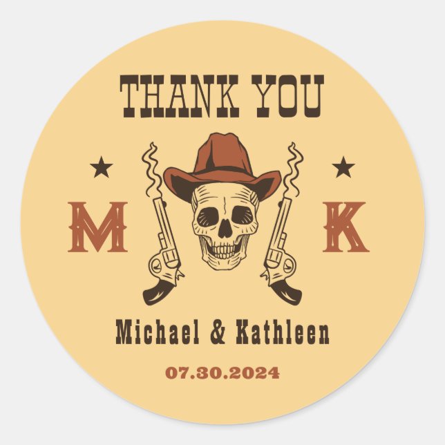 Western Cowboy Skull Monogram Country Wedding Classic Round Sticker (Front)