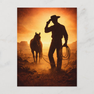 Western Cowboy Sunset Postcard