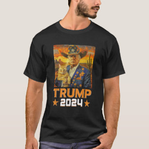 Western Cowboy Trump 2024 And Cat Patriotic 4th of T-Shirt