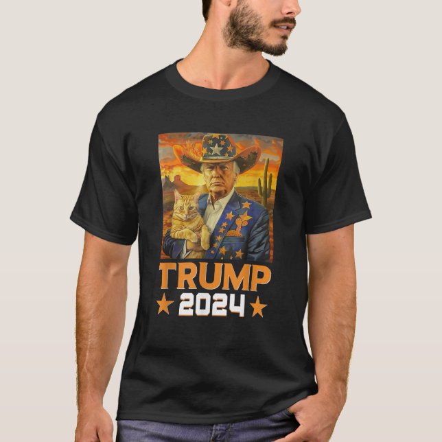 Western Cowboy Trump 2024 And Cat Patriotic 4th of T-Shirt (Front)