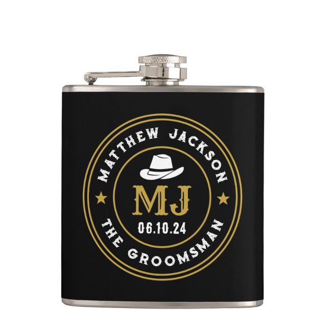Western Cowboy Vintage Logo Personalised Groomsmen Hip Flask (Front)