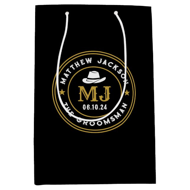 Western Cowboy Vintage Logo Personalised Groomsmen Medium Gift Bag (Front)