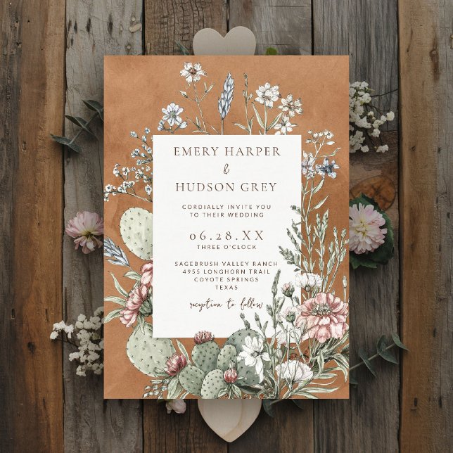 Western Cowboy Vintage Southwest Floral Wedding Invitation (western wedding invitation cowboy cowgirl country rustic ranch barn outdoor vintage botanical)