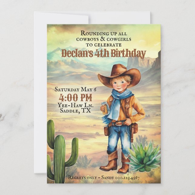 Western Cowboy Watercolor Style Birthday Party Invitation (Front)