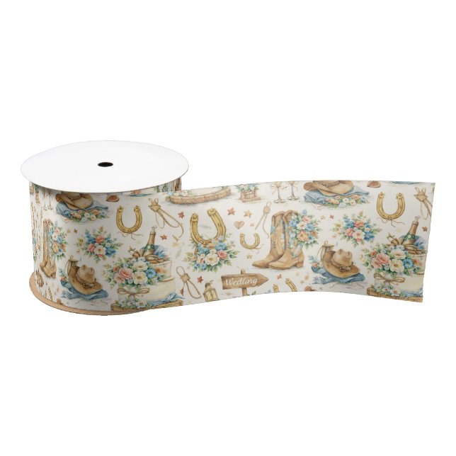Western Cowboy Wedding Watercolor Pattern Satin Ribbon (Spool)