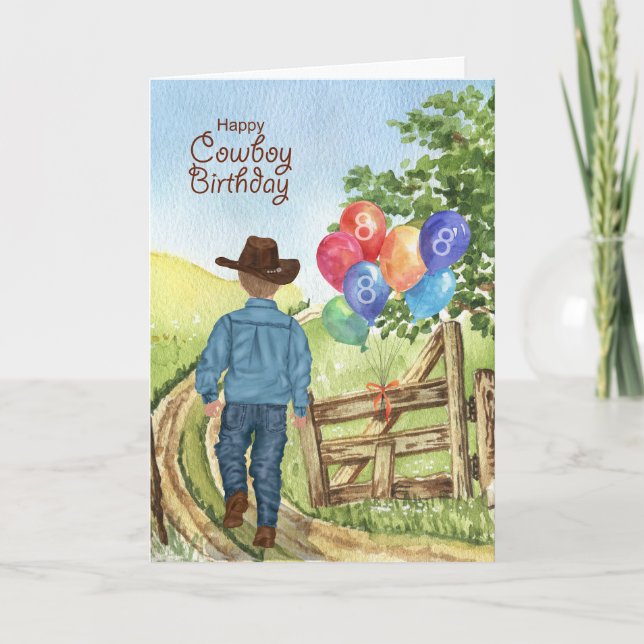 Western Cowboy with Balloon Boy's 8th Birthday Card (Front)