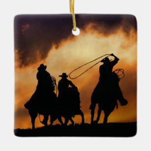 Western Cowboys Roping Ceramic Ornament
