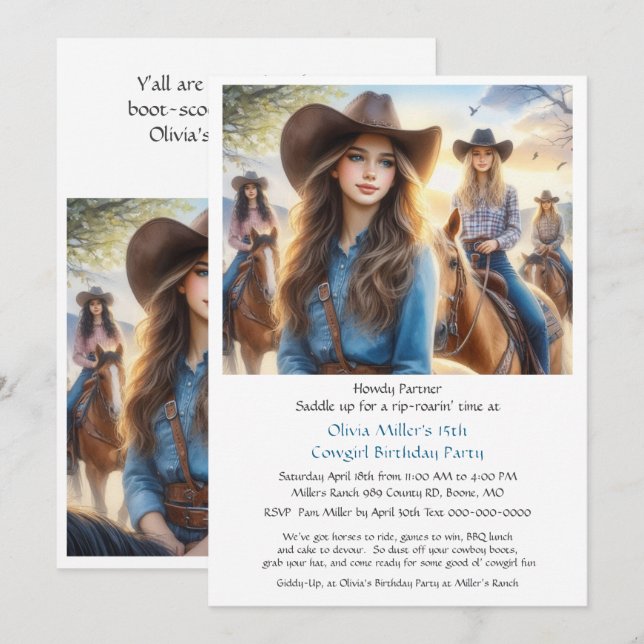 Western Cowgirl 15th Birthday Party Invitation (Front/Back)