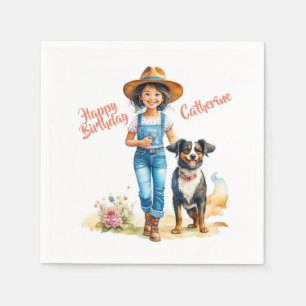 Western Cowgirl and Dog Personalised Birthday Napkin