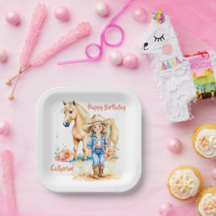 Western Cowgirl and Horse Personalised Birthday Paper Plate