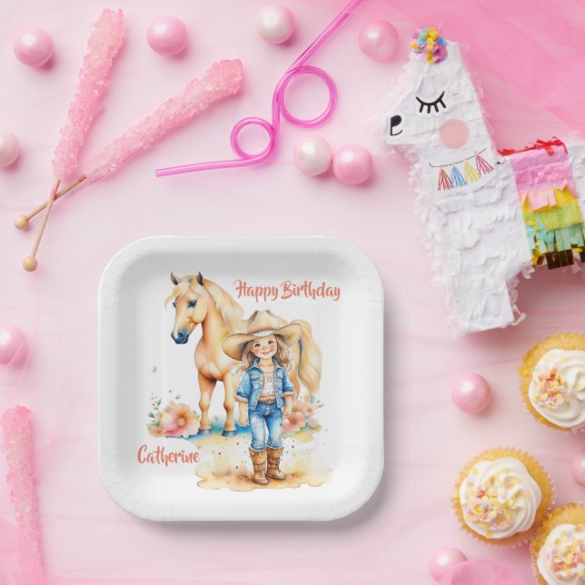 Western Cowgirl and Horse Personalised Birthday Paper Plate (Party)