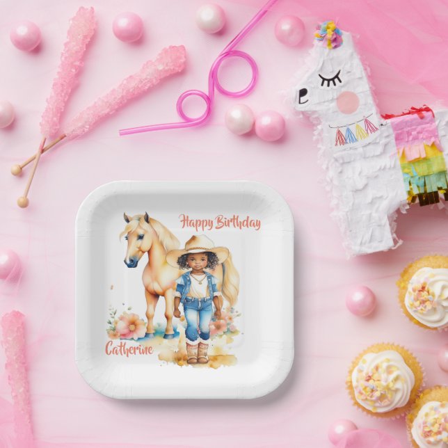 Western Cowgirl and Horse Personalised Birthday Paper Plate (Party)