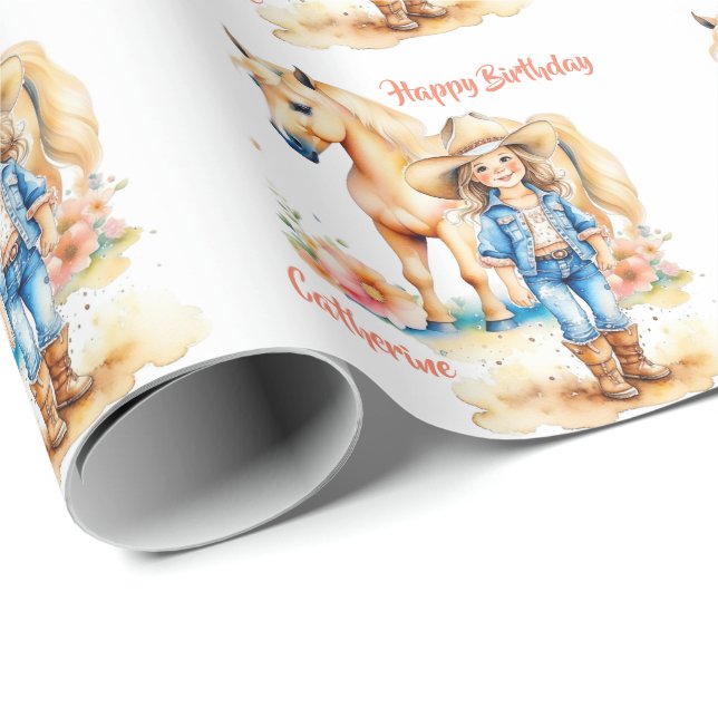 Western Cowgirl and Horse Personalised Birthday Wrapping Paper (Roll Corner)