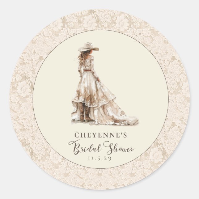 Western Cowgirl and Lace Cowboy Boots Baby Shower  Classic Round Sticker (Front)