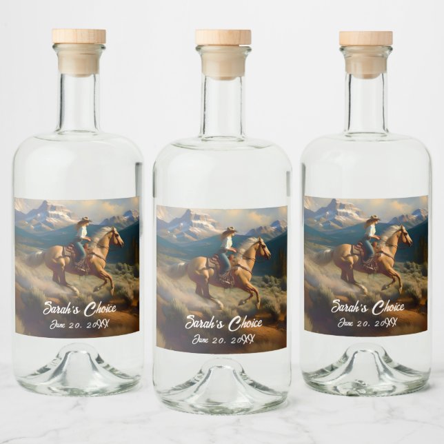Western Cowgirl and Palomino Horse Wedding Liquor Bottle Label (Bottles)