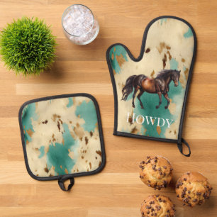 Western Cowgirl Aqua Mint Cream Cowhide Horse Oven Mitt & Pot Holder Set