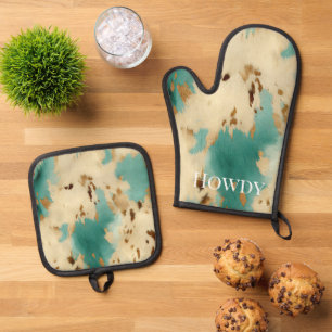 Western Cowgirl Aqua Mint Cream Cowhide Oven Mitt & Pot Holder Set