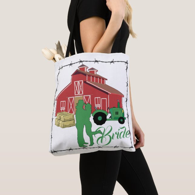 Western Cowgirl Barn Farm Wedding Bride Tote Bag (Close Up)