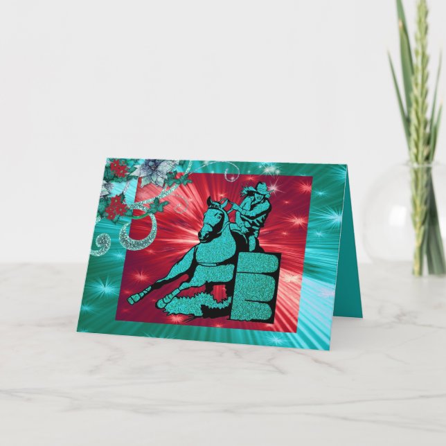 Western Cowgirl Barrel Racer Holiday Greeting Card (Front)