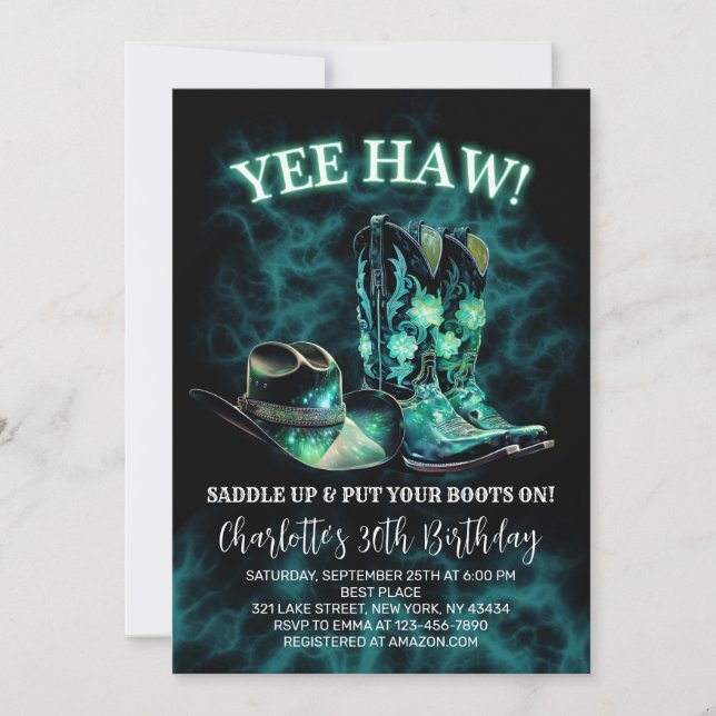 Western Cowgirl Birthday Party Teal Green Neon Invitation (Front)