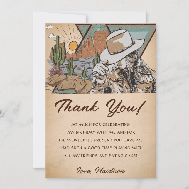 Western Cowgirl Birthday Party Thank You Card (Front)