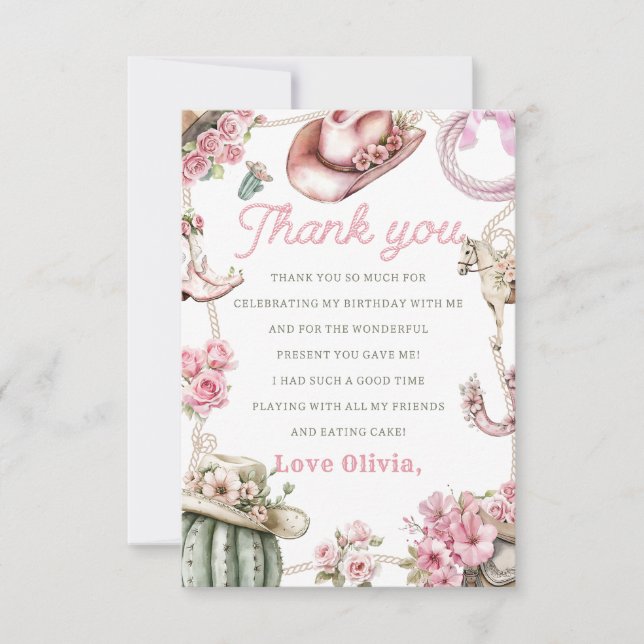 Western Cowgirl Birthday Party Thank You Card (Front)
