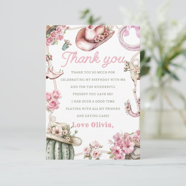 Western Cowgirl Birthday Party Thank You Card (Standing Front)