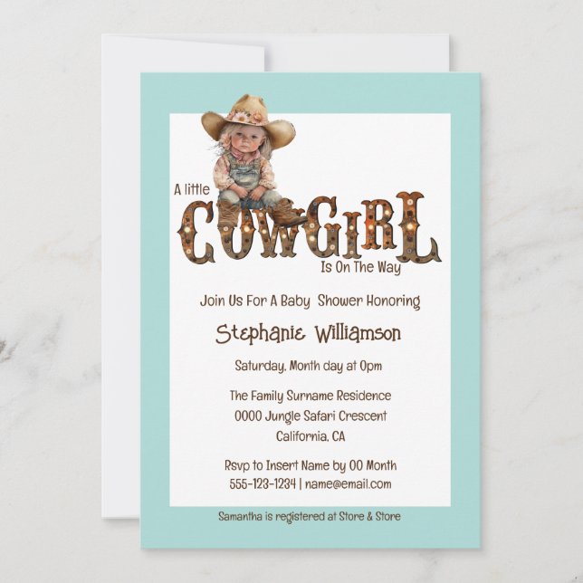 Western cowgirl blue brown rustic girl invitation (Front)
