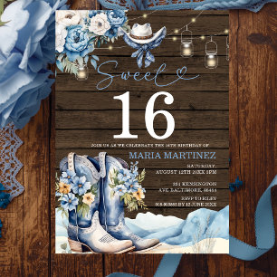 Western Cowgirl Blue Floral Wood Sweet 16 Birthday Invitation