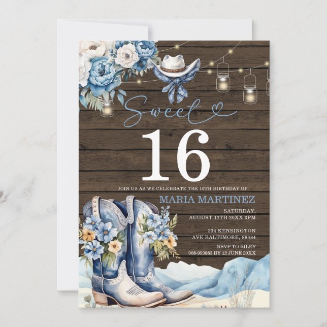 Western Cowgirl Blue Floral Wood Sweet 16 Birthday Invitation (Front)