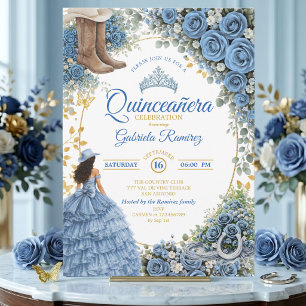 Western Cowgirl Blue Roses Golden Quinceañera Invitation