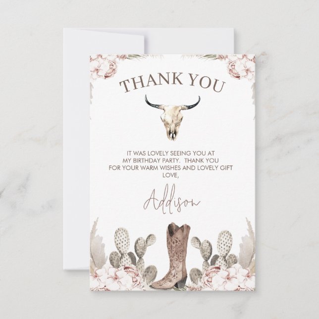 Western Cowgirl Boot Birthday Thank You Card (Front)