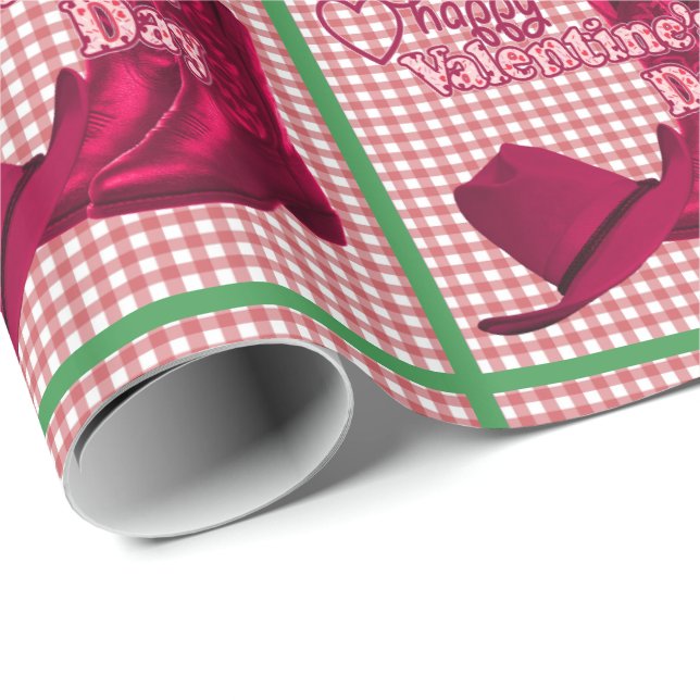 Western Cowgirl Boots and Hat Valentines On Check Wrapping Paper (Roll Corner)