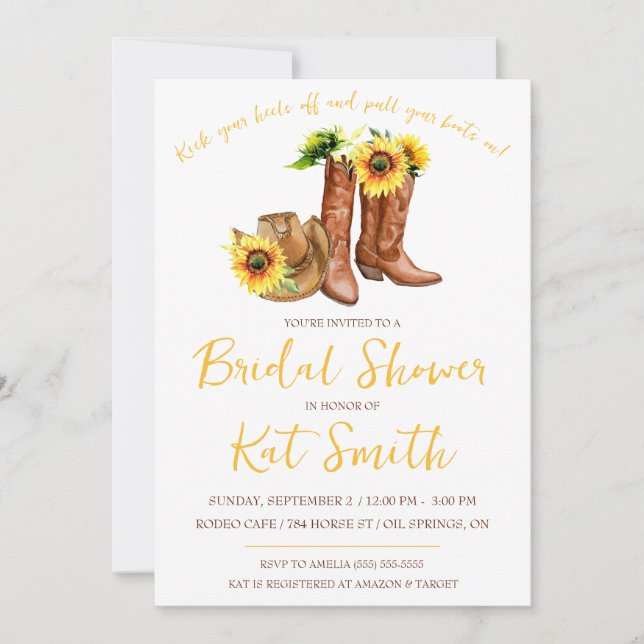Western Cowgirl Boots and Sunflowers Bridal Shower Invitation (Front)