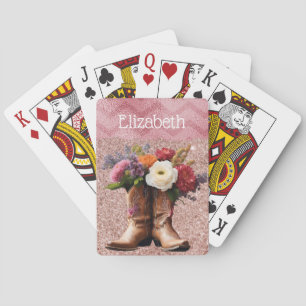 Western Cowgirl Boots Floral Pink Sparkle Name Playing Cards