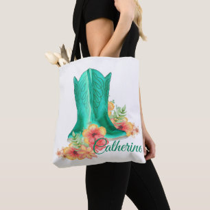 Western Cowgirl Boots / Flowers Tote Bag With NAME