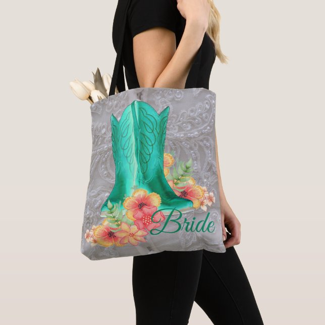 Western Cowgirl Boots Wedding Bride Tote Bag (Close Up)