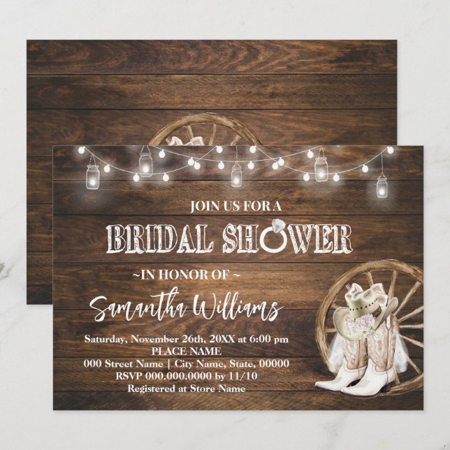 Western Cowgirl Bridal Shower Country Chic Wedding Invitation (Front/Back)