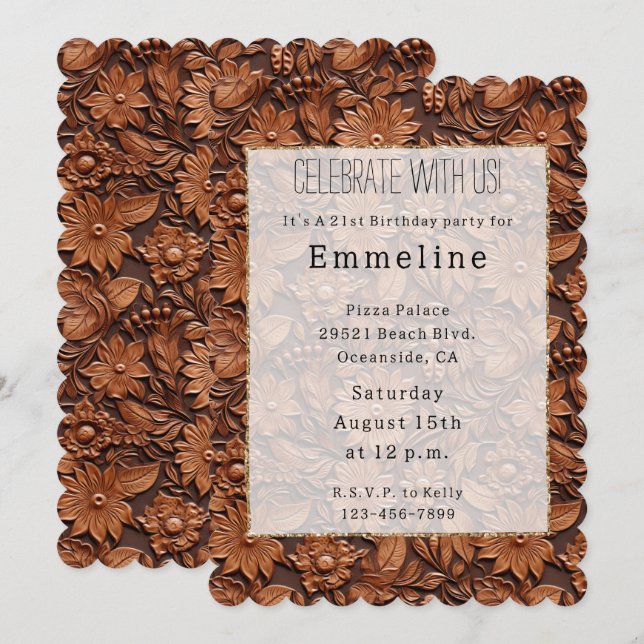 Western Cowgirl Brown Floral Faux Leather Invitation (Front/Back)