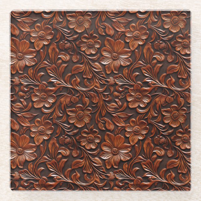 Western Cowgirl Brown Floral Glass Coaster (Front)
