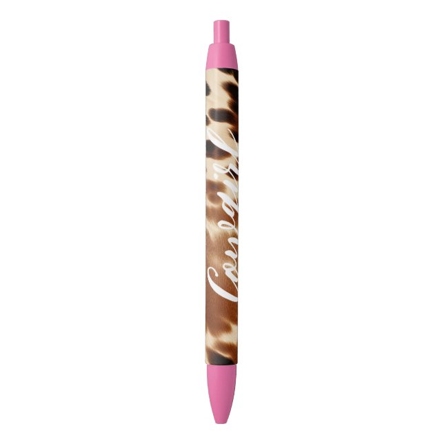 Western Cowgirl Brown White Cowhide  Black Ink Pen (Front Vertical)