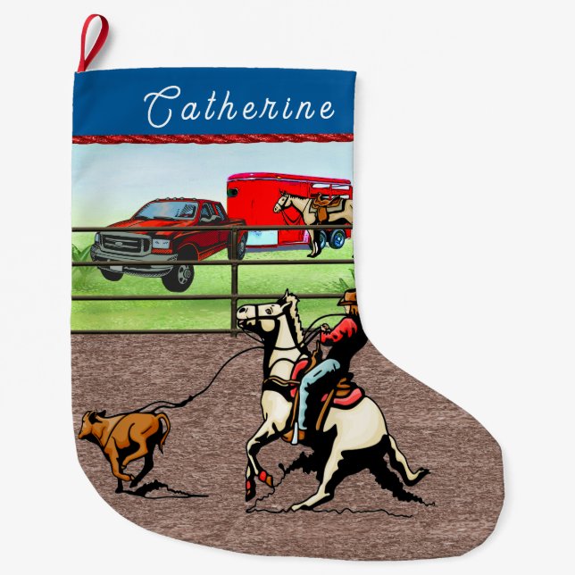 Western Cowgirl Calf Roping Large Christmas Stocking (Front)