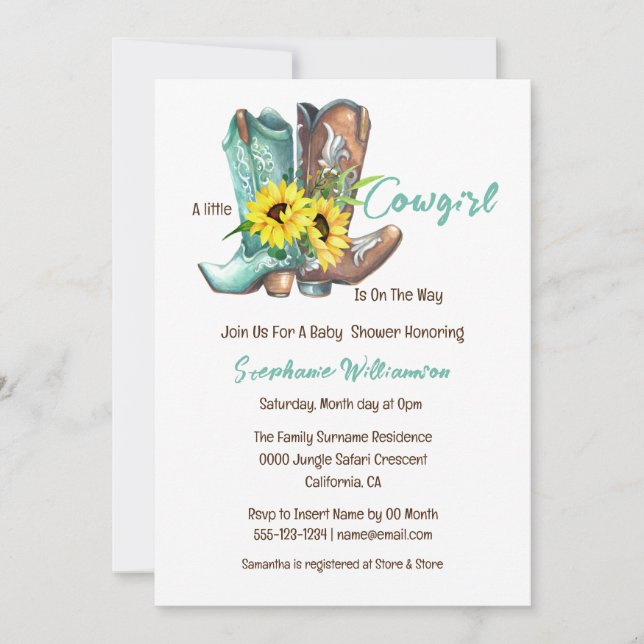 Western cowgirl cowboy boots sunflower baby shower invitation (Front)