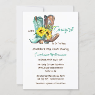 Western cowgirl cowboy boots sunflower baby shower invitation