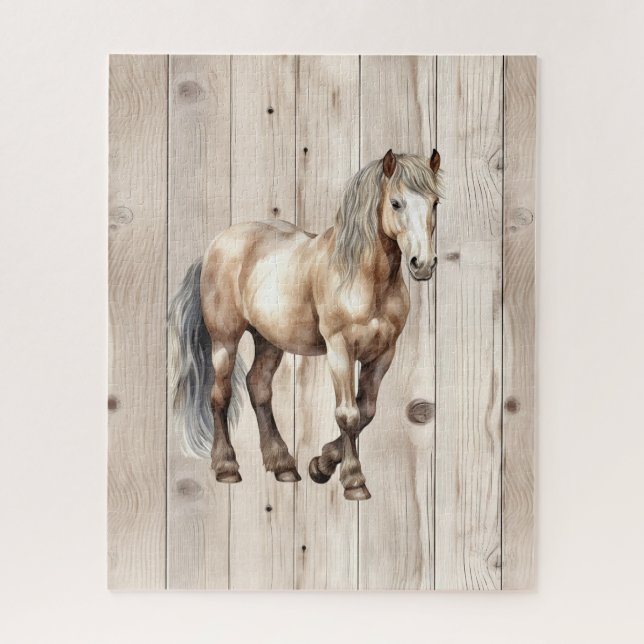 Western Cowgirl Cowboy Horse Faux Wood Jigsaw Puzzle (Vertical)