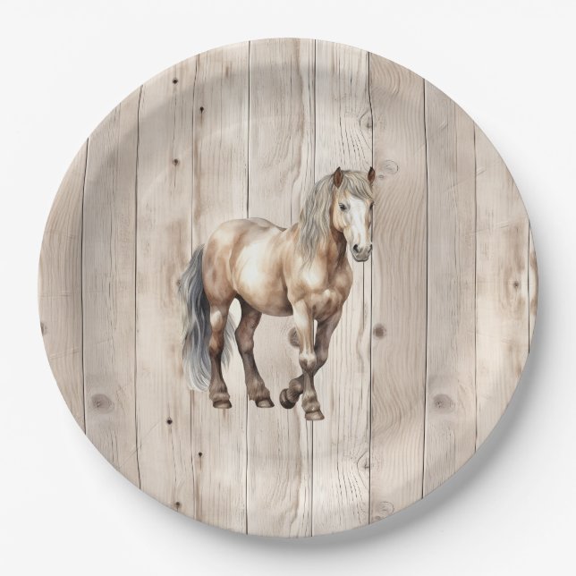 Western Cowgirl Cowboy Horse Faux Wood Paper Plate (Front)
