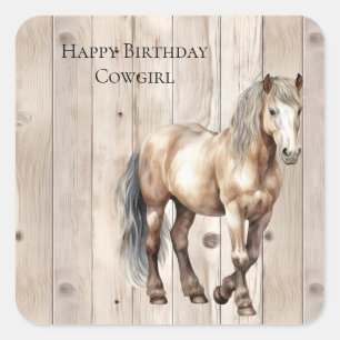 Western Cowgirl Cowboy Horse Faux Wood Square Sticker